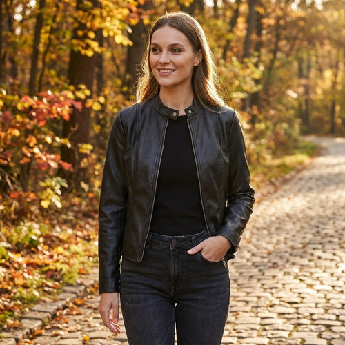 Adriana™ | Chaqueta motera de piel entallada con cuello mao