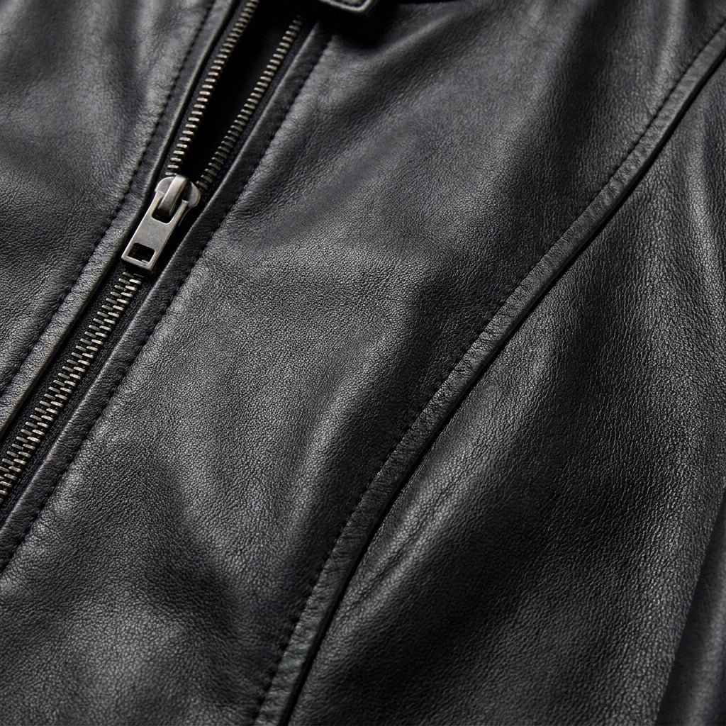 Adriana™ | Chaqueta motera de piel entallada con cuello mao