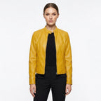 Adriana™ | Chaqueta motera de piel entallada con cuello mao