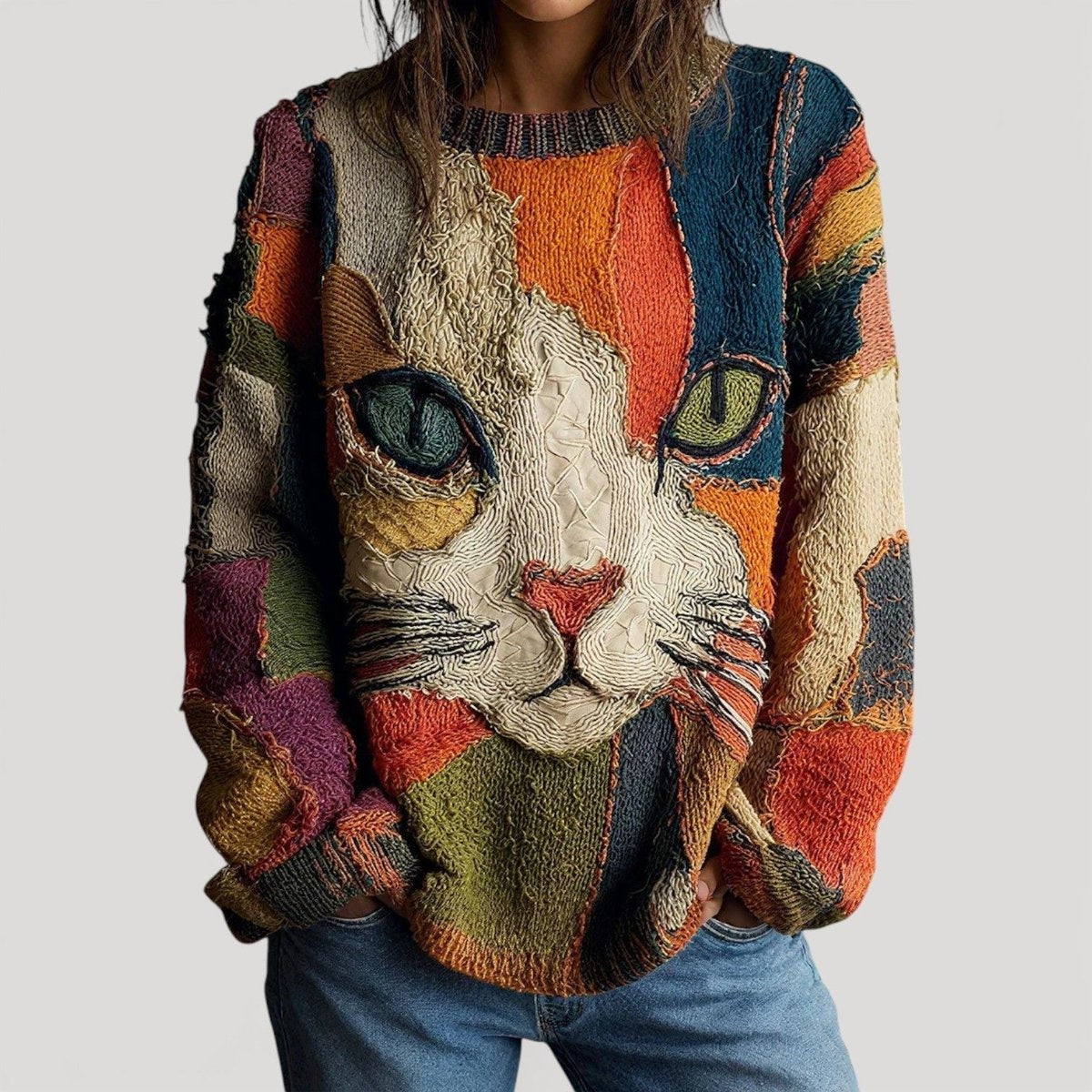 Madison™ | Jersey de punto con estampado de gato y cuello redondo