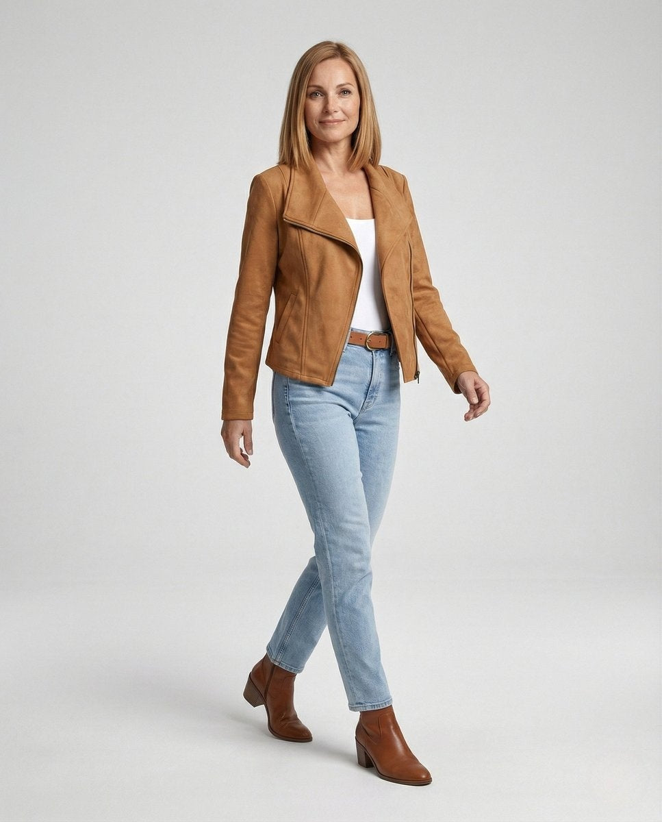 Colette™ | Chaqueta motera efecto ante con cierre asimétrico