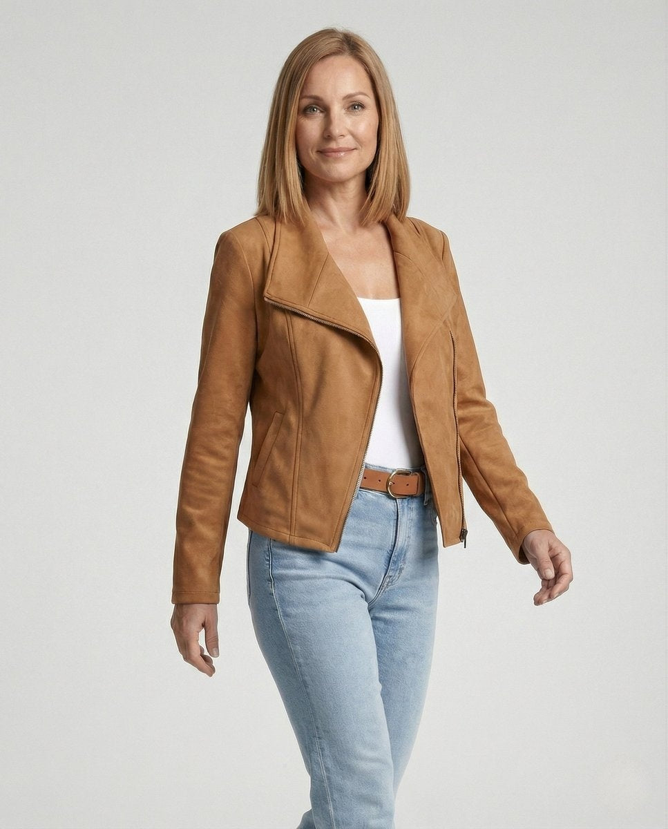 Colette™ | Chaqueta motera efecto ante con cierre asimétrico