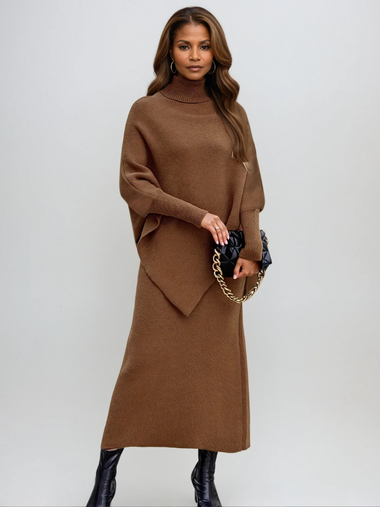 Aurora™ | Conjunto de punto con poncho de cuello alto y falda midi