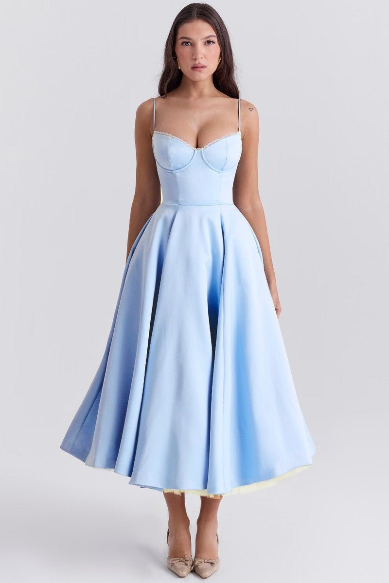 Natalia™ | Vestido de fiesta midi con tirantes y falda con vuelo