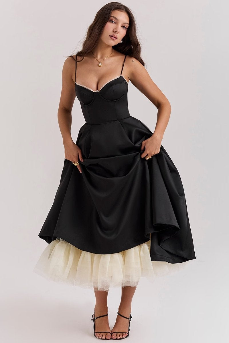 Natalia™ | Vestido de fiesta midi con tirantes y falda con vuelo