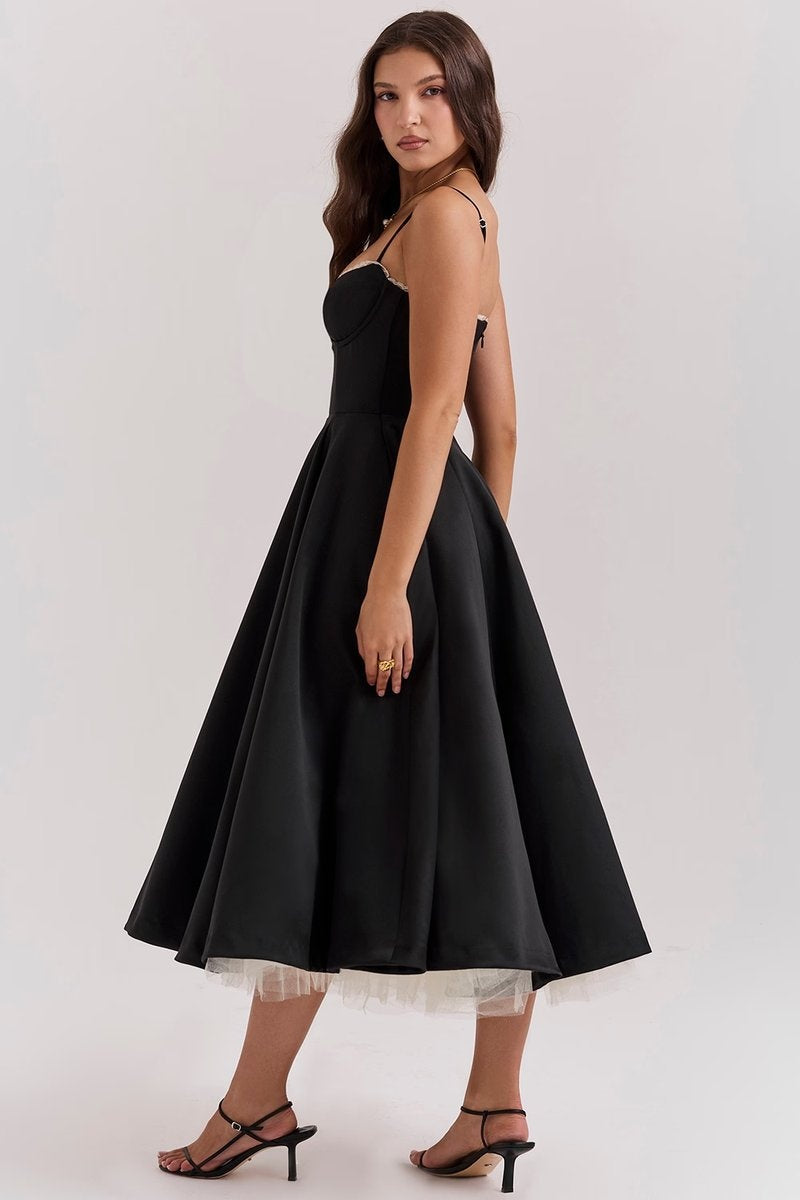 Natalia™ | Vestido de fiesta midi con tirantes y falda con vuelo