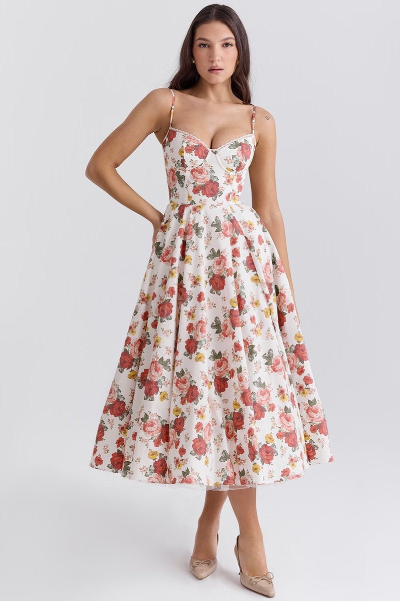 Natalia™ | Vestido de fiesta midi con tirantes y falda con vuelo