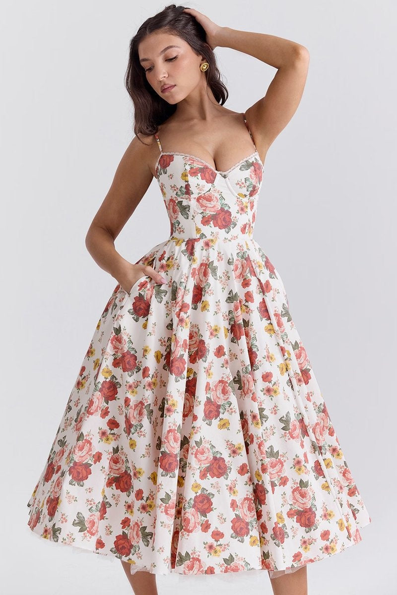 Natalia™ | Vestido de fiesta midi con tirantes y falda con vuelo
