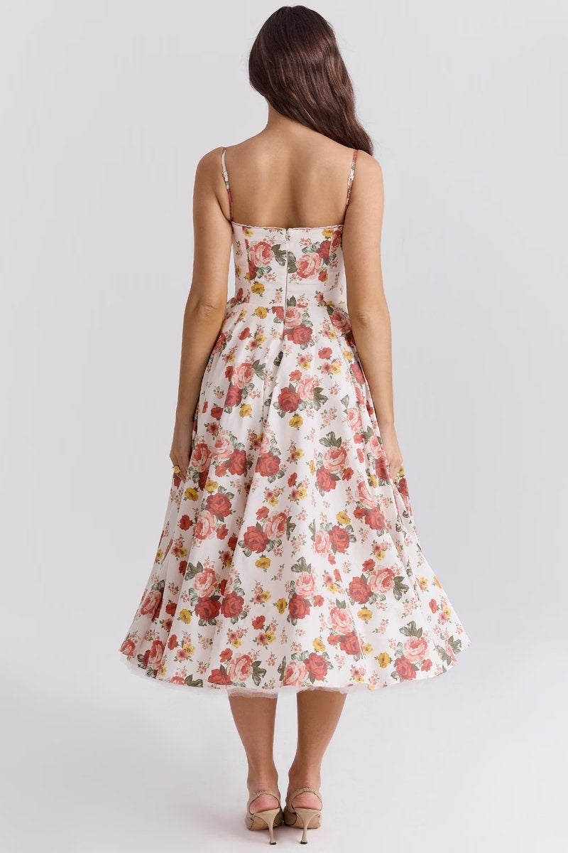 Natalia™ | Vestido de fiesta midi con tirantes y falda con vuelo