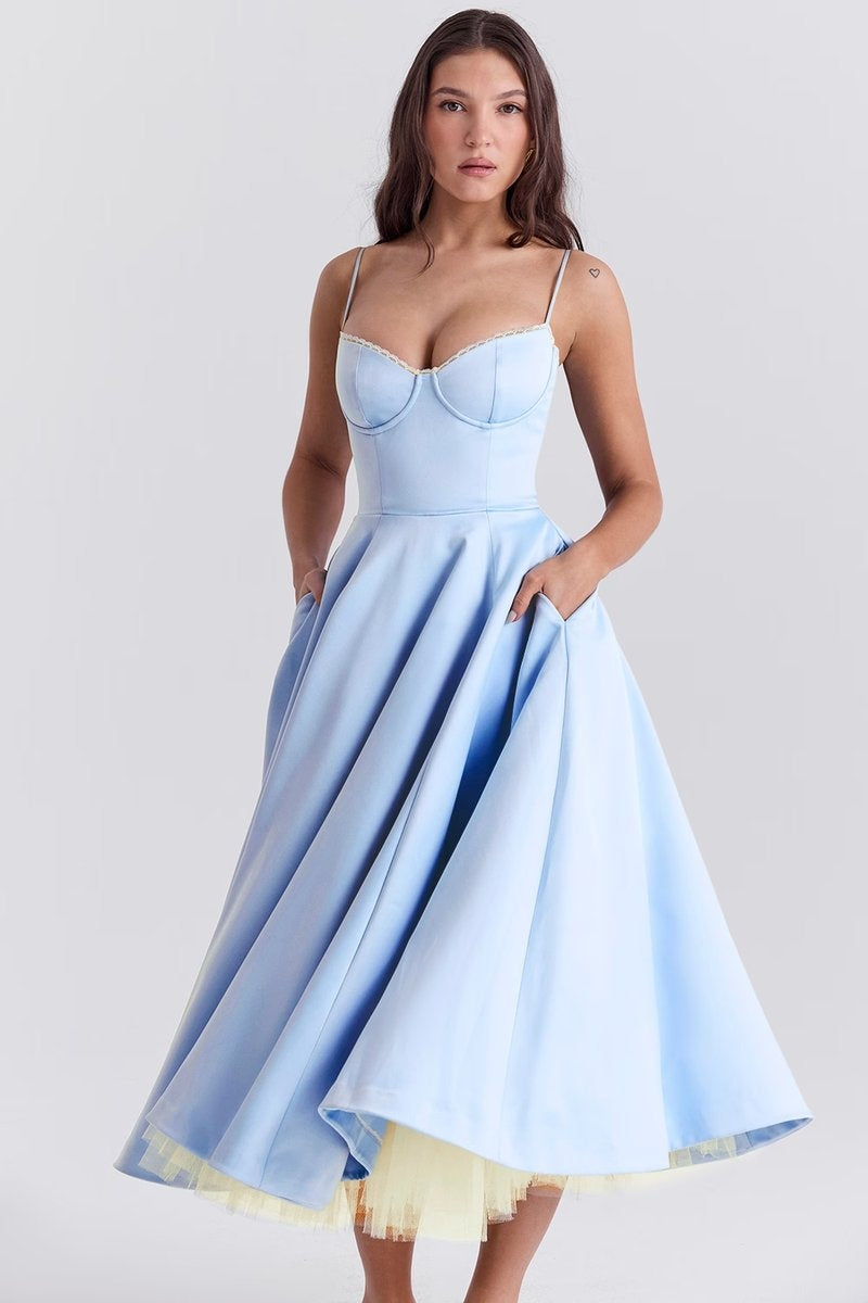 Natalia™ | Vestido de fiesta midi con tirantes y falda con vuelo