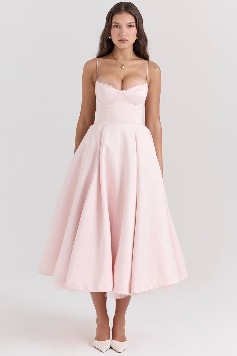 Natalia™ | Vestido de fiesta midi con tirantes y falda con vuelo