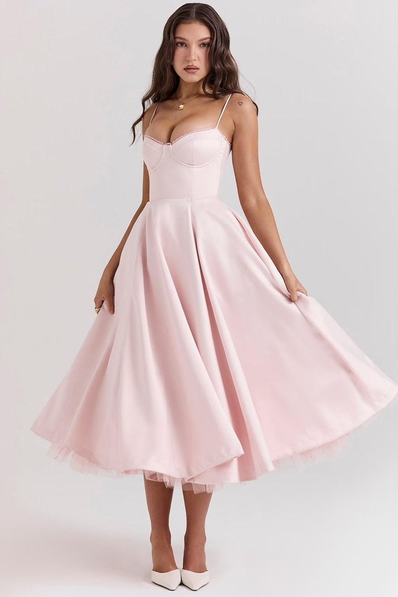 Natalia™ | Vestido de fiesta midi con tirantes y falda con vuelo