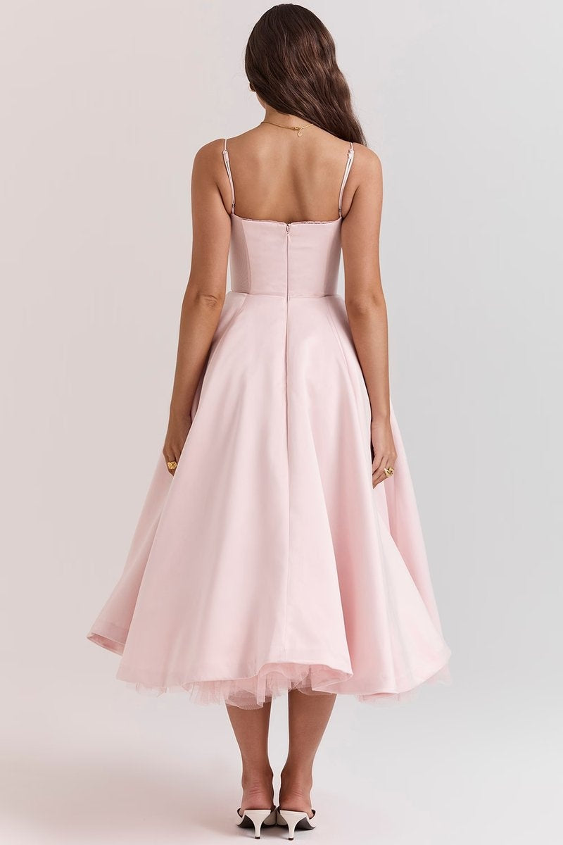 Natalia™ | Vestido de fiesta midi con tirantes y falda con vuelo
