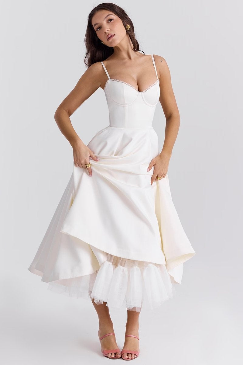 Natalia™ | Vestido de fiesta midi con tirantes y falda con vuelo