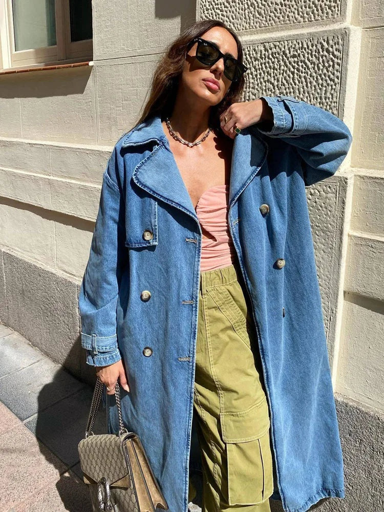Joanna™ | Gabardina vaquera larga de doble botonadura