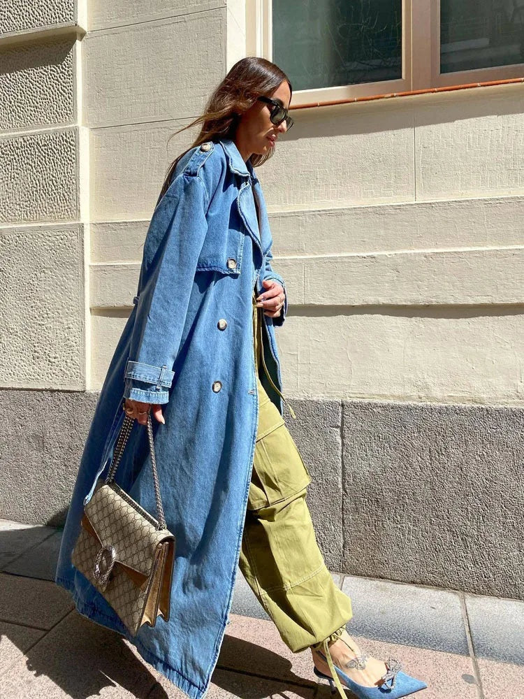 Joanna™ | Gabardina vaquera larga de doble botonadura