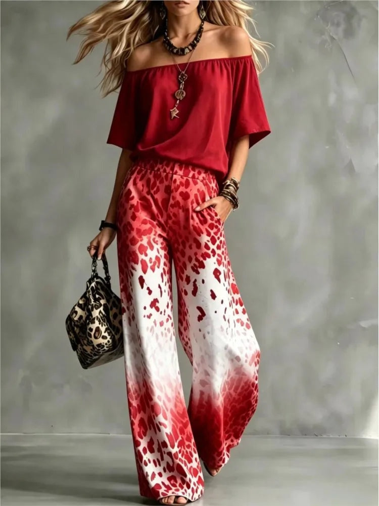 Vivian™ | Conjunto de top de hombros descubiertos y pantalón ancho estampado