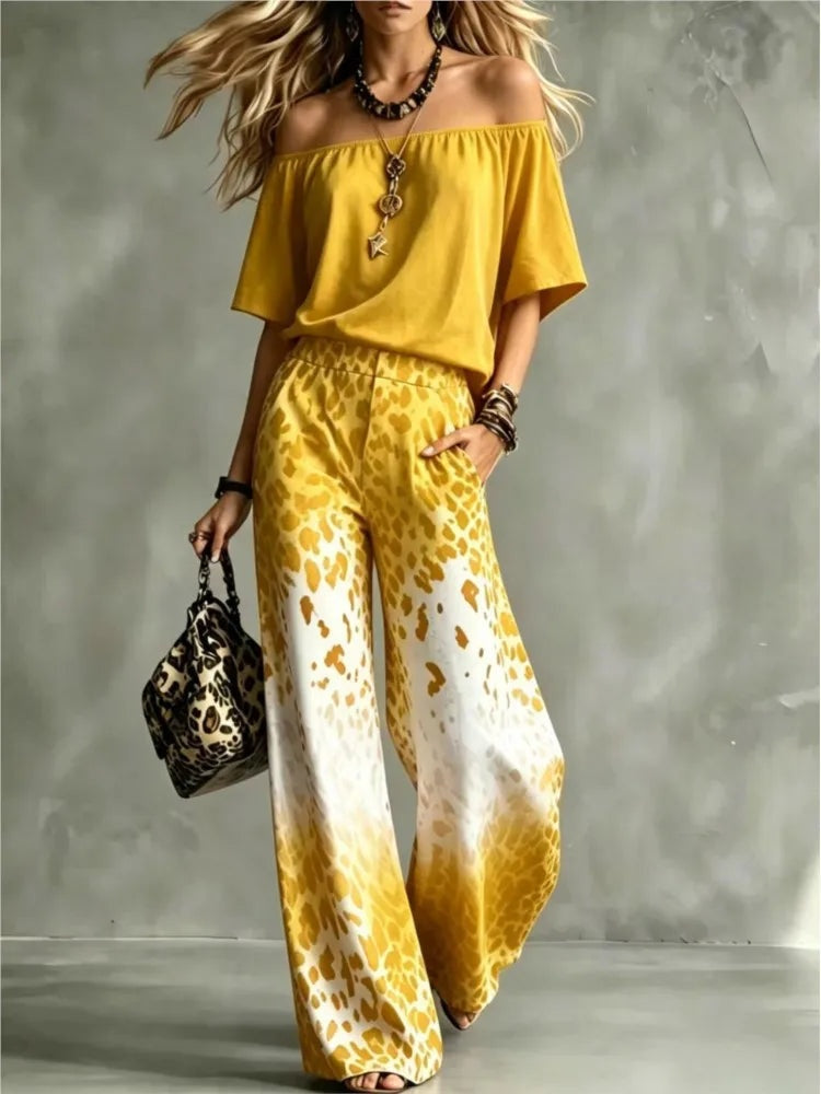Vivian™ | Conjunto de top de hombros descubiertos y pantalón ancho estampado
