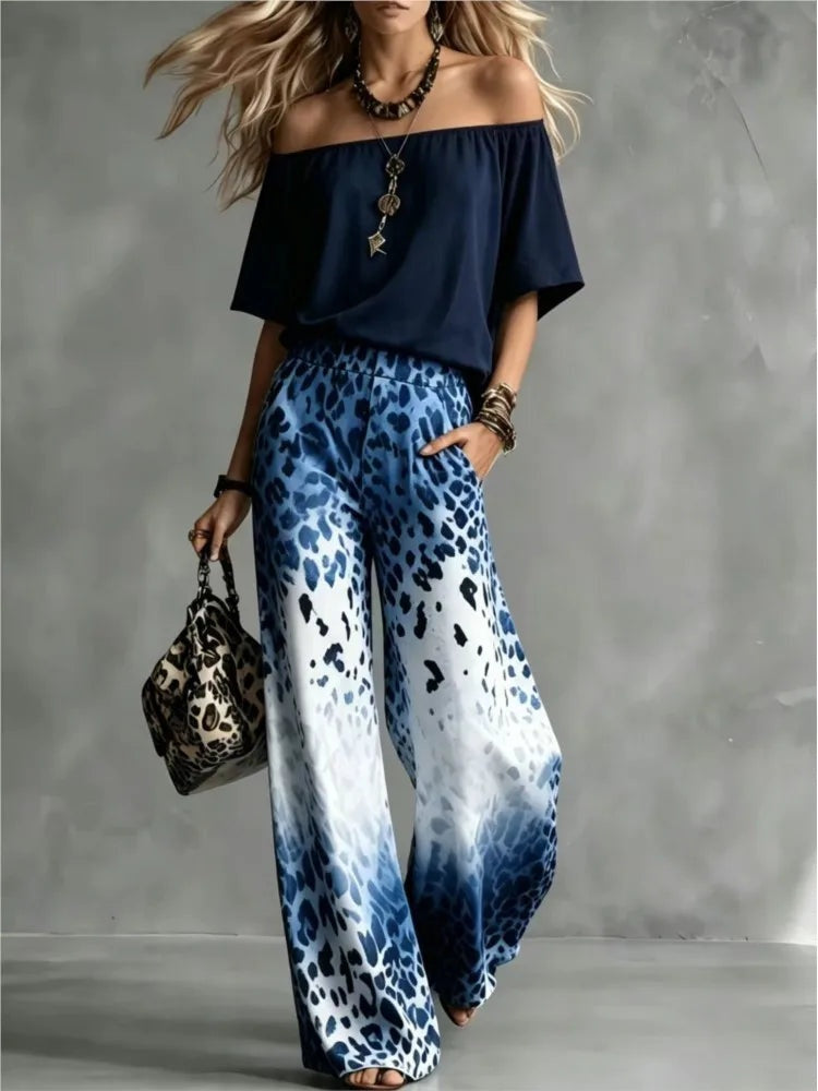 Vivian™ | Conjunto de top de hombros descubiertos y pantalón ancho estampado