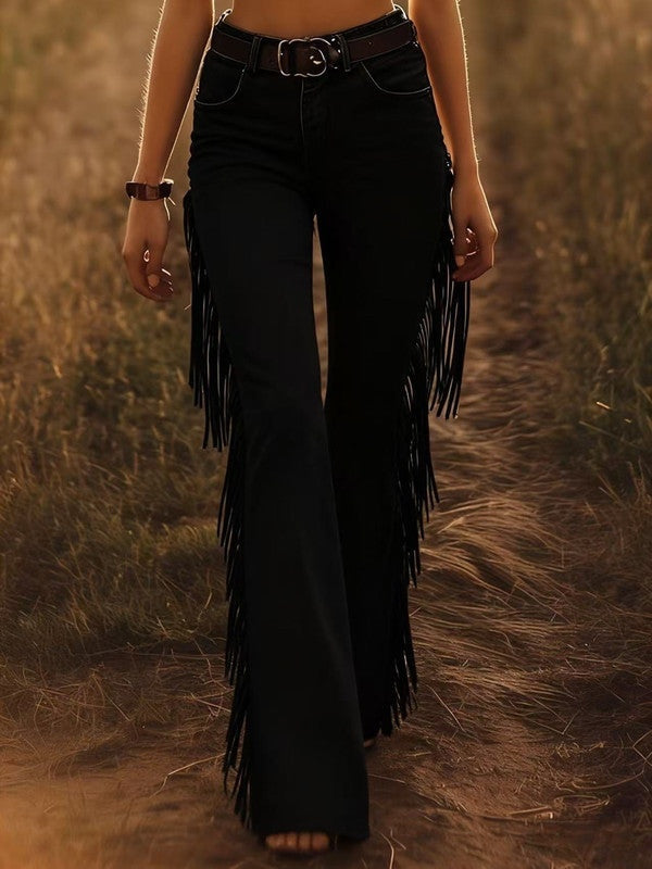 Hailey™ | Vaqueros acampanados con flecos y tiro alto