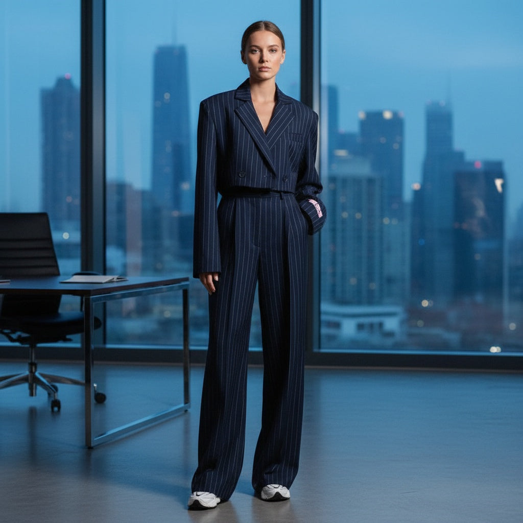 Claire™ | Conjunto de rayas: blazer corto y pantalón ancho