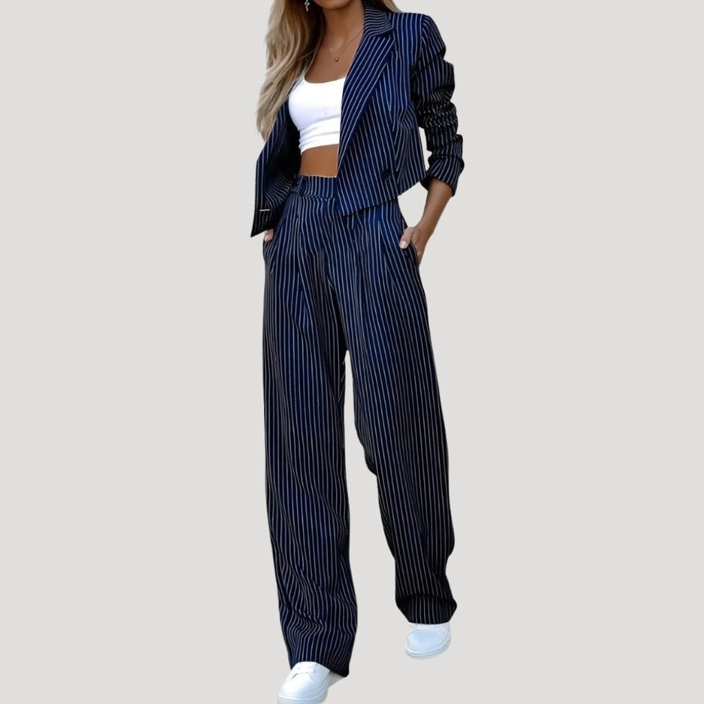 Madelyn™ | Traje de raya diplomática con blazer y pantalón palazzo