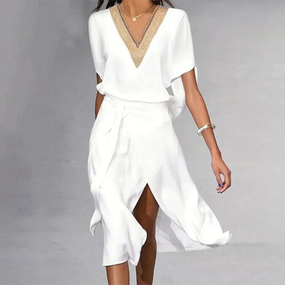 Bella™ | Vestido midi elegante con escote pico y abertura lateral
