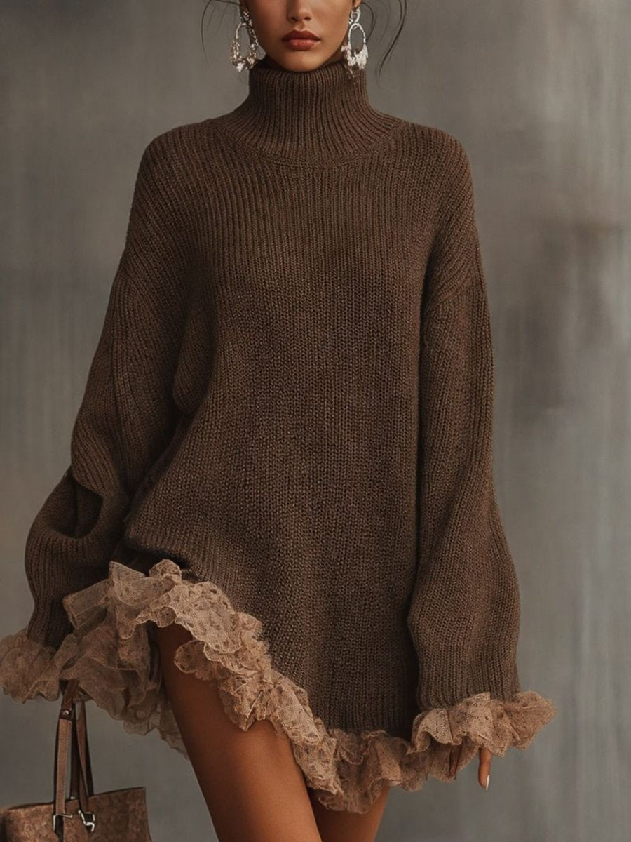 Ellie™ | Vestido corto de punto con cuello alto y encaje