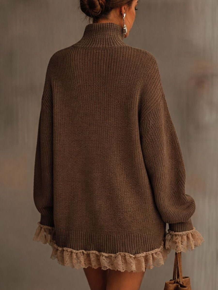 Ellie™ | Vestido corto de punto con cuello alto y encaje