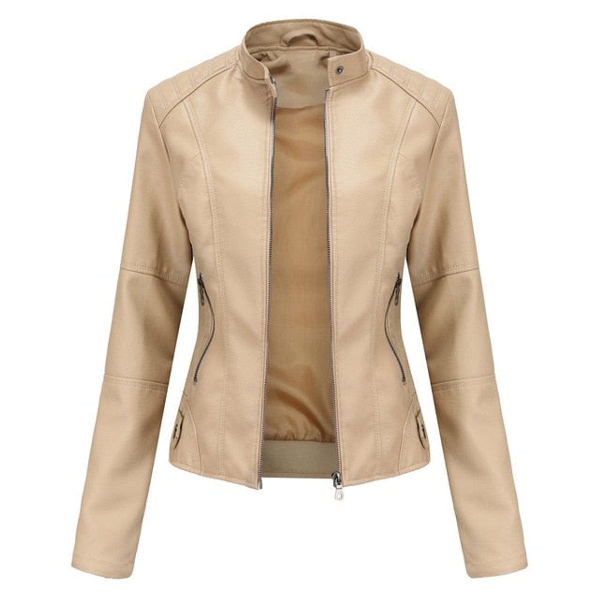 Ava™ | Chaqueta motera de polipiel con cuello mao y cremalleras