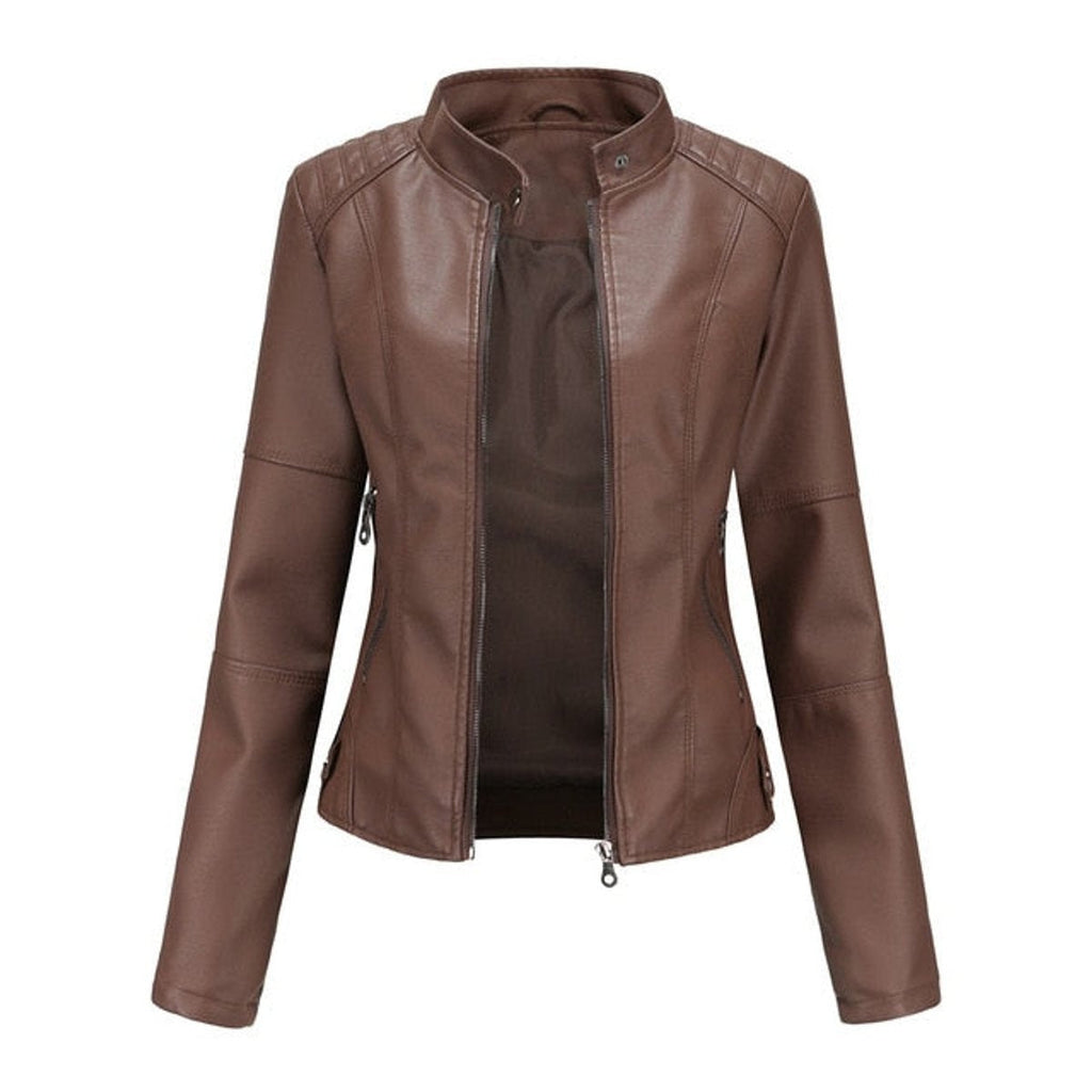 Ava™ | Chaqueta motera de polipiel con cuello mao y cremalleras