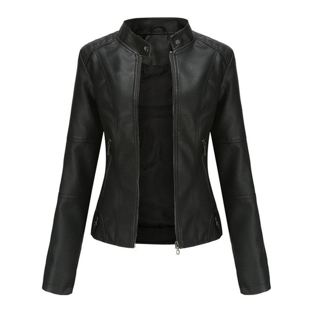 Ava™ | Chaqueta motera de polipiel con cuello mao y cremalleras