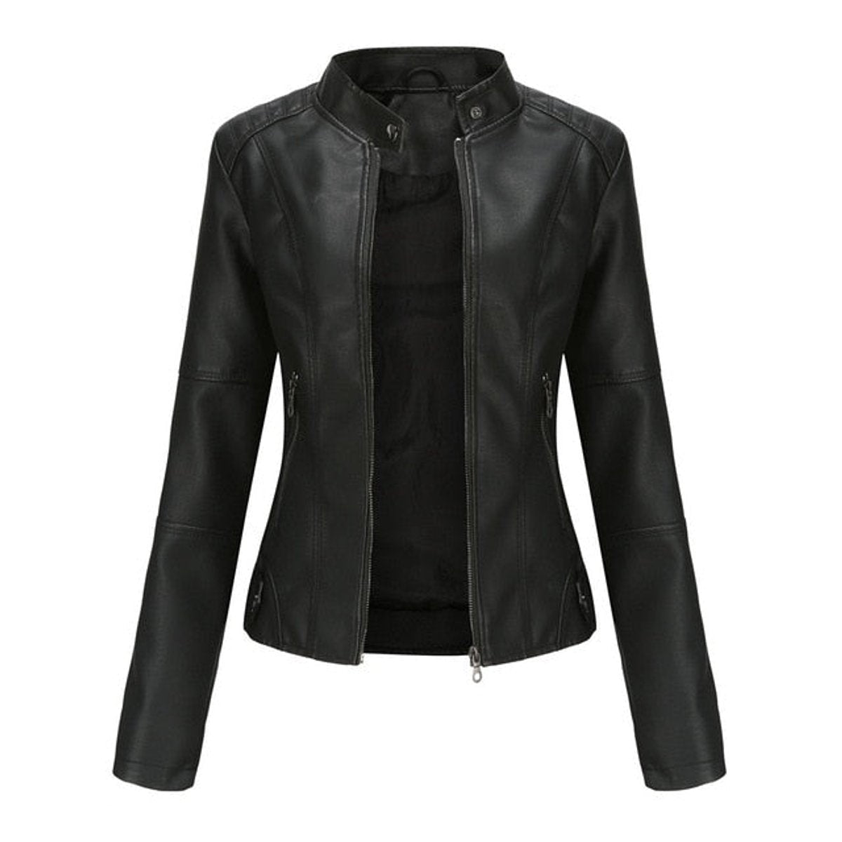 Ava™ | Chaqueta motera de polipiel con cuello mao y cremalleras