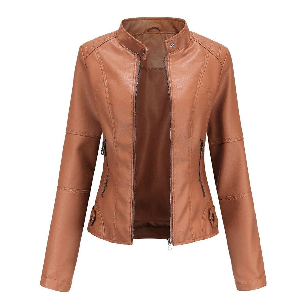 Ava™ | Chaqueta motera de polipiel con cuello mao y cremalleras