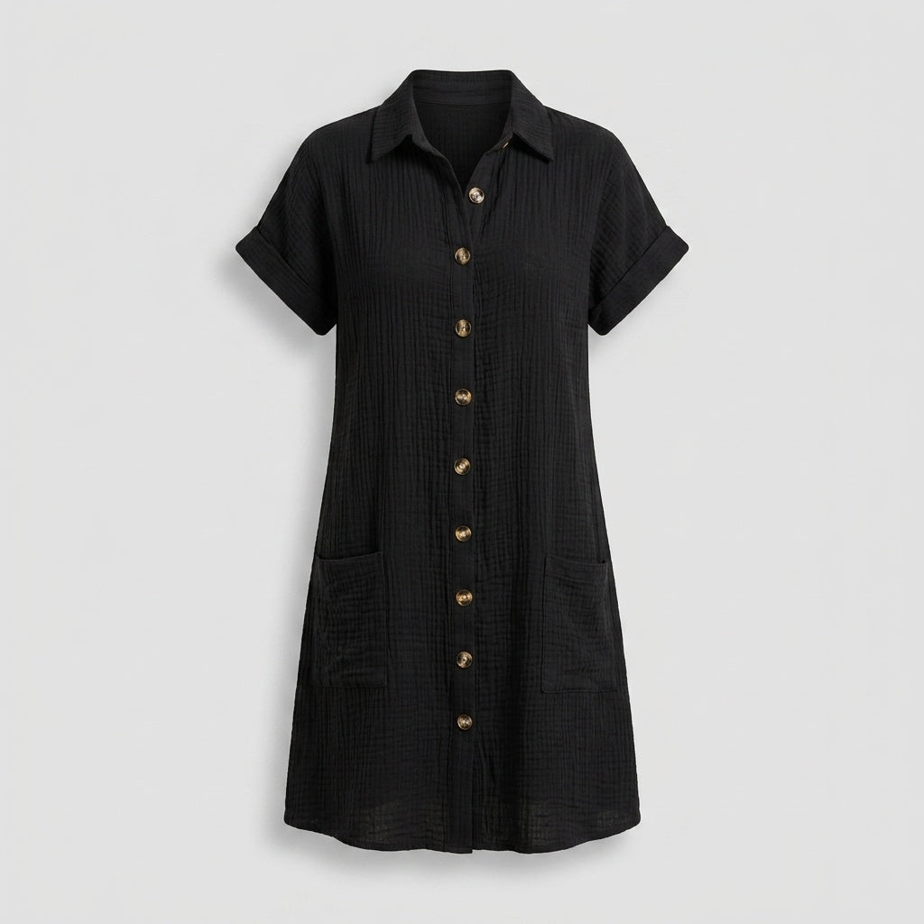 Vivian™ | Vestido camisero corto con manga corta y bolsillos