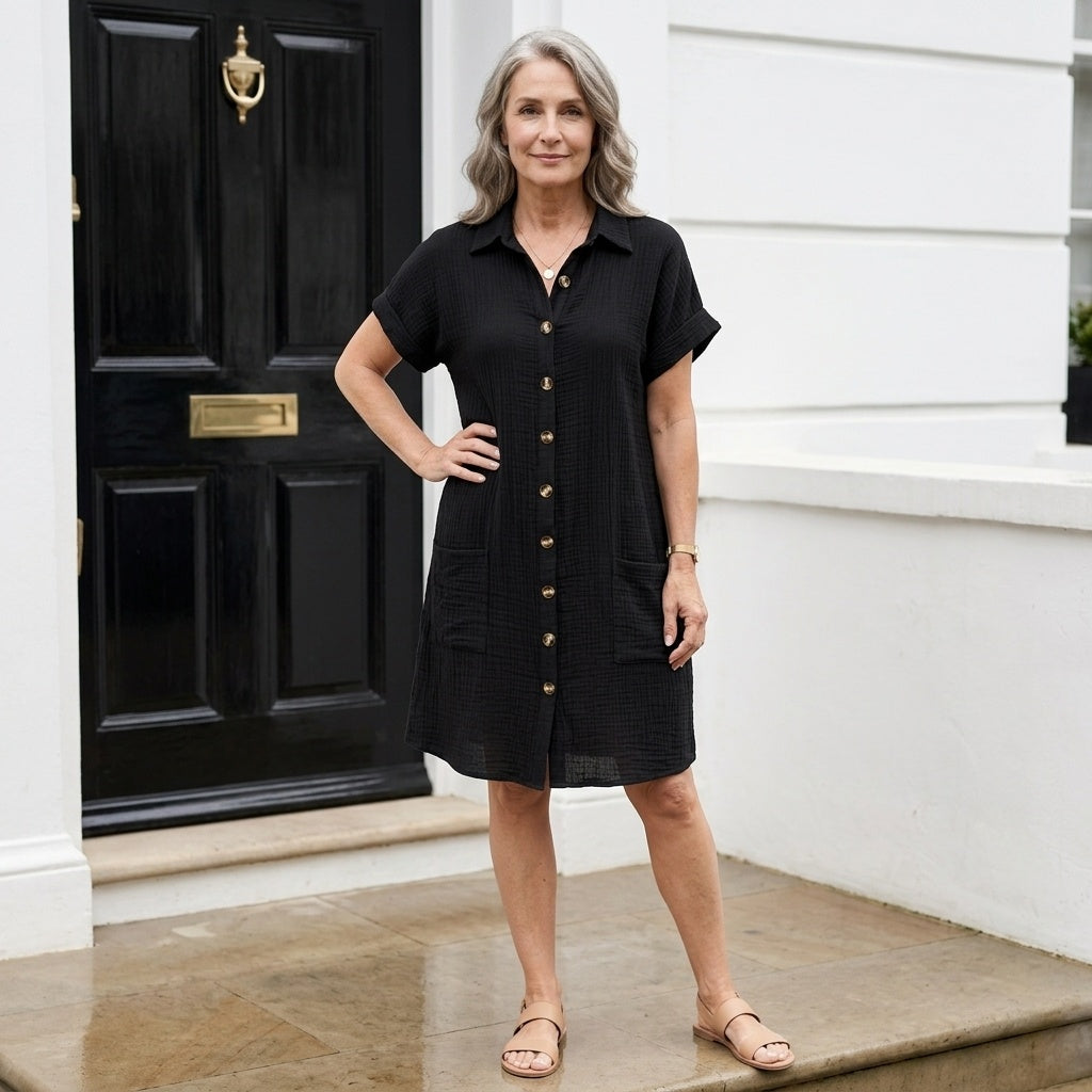 Vivian™ | Vestido camisero corto con manga corta y bolsillos