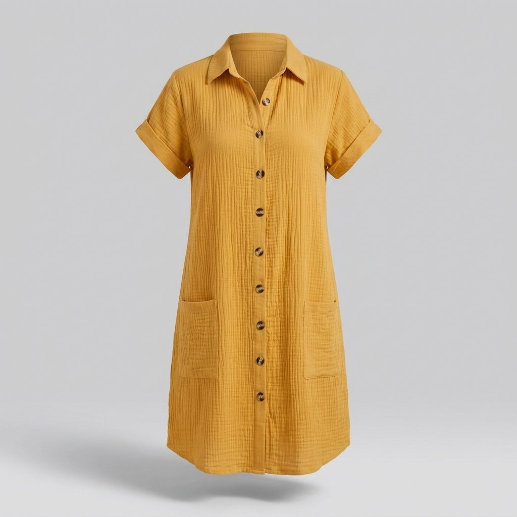 Vivian™ | Vestido camisero corto con manga corta y bolsillos