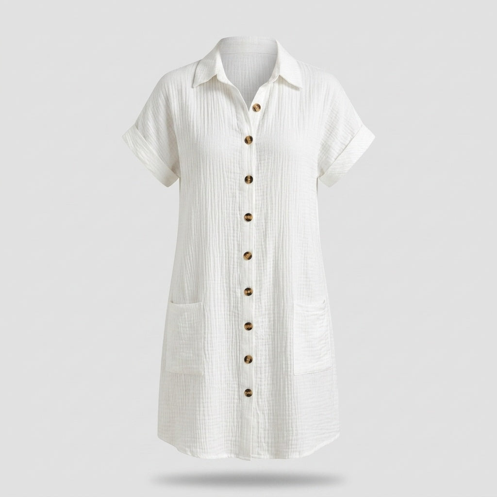 Vivian™ | Vestido camisero corto con manga corta y bolsillos