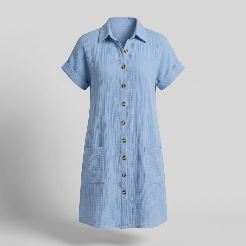 Vivian™ | Vestido camisero corto con manga corta y bolsillos