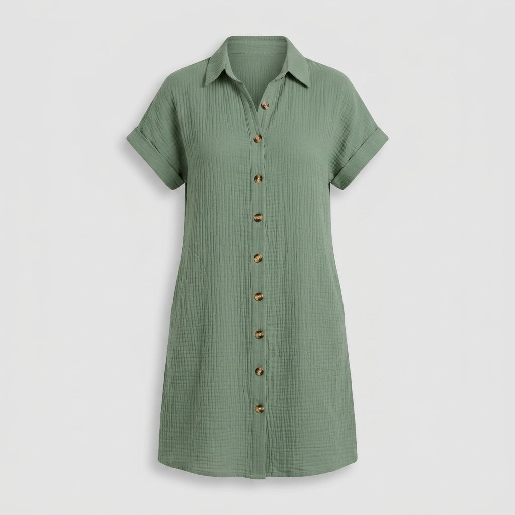 Vivian™ | Vestido camisero corto con manga corta y bolsillos