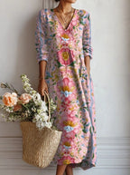 Sophie™ | Vestido midi boho de lino estampado con escote en V
