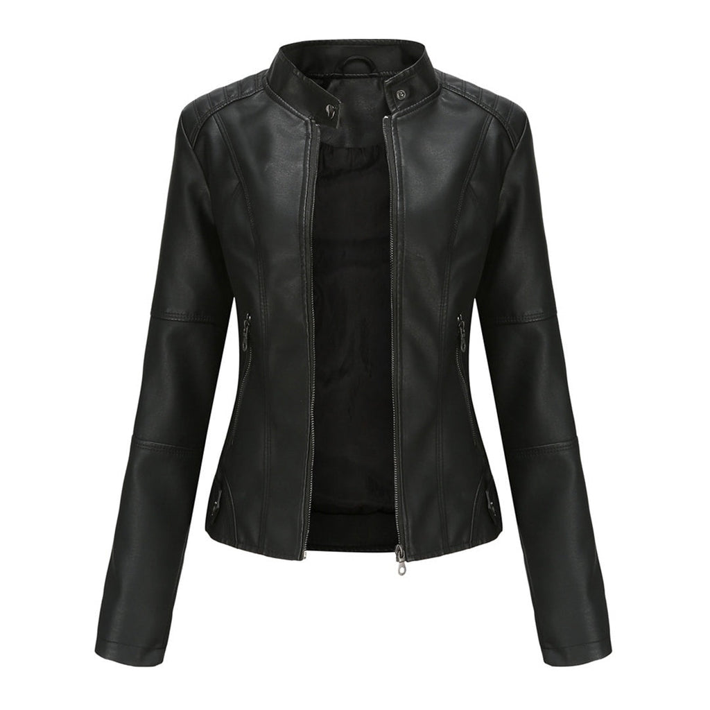 Adriana™ | Chaqueta motera efecto piel con cuello mao y cremallera