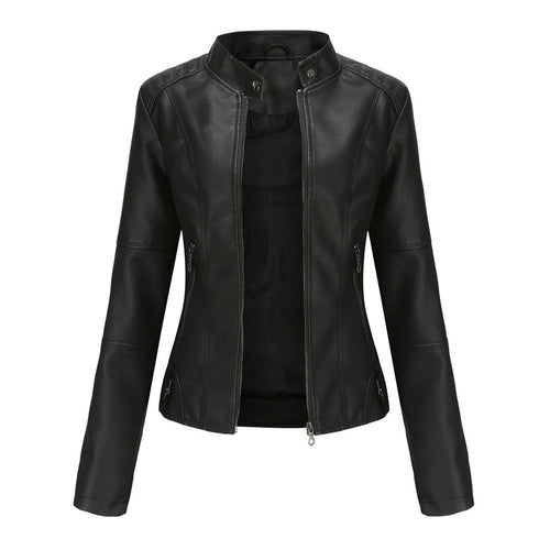 Adriana™ | Chaqueta motera efecto piel con cuello mao y cremallera
