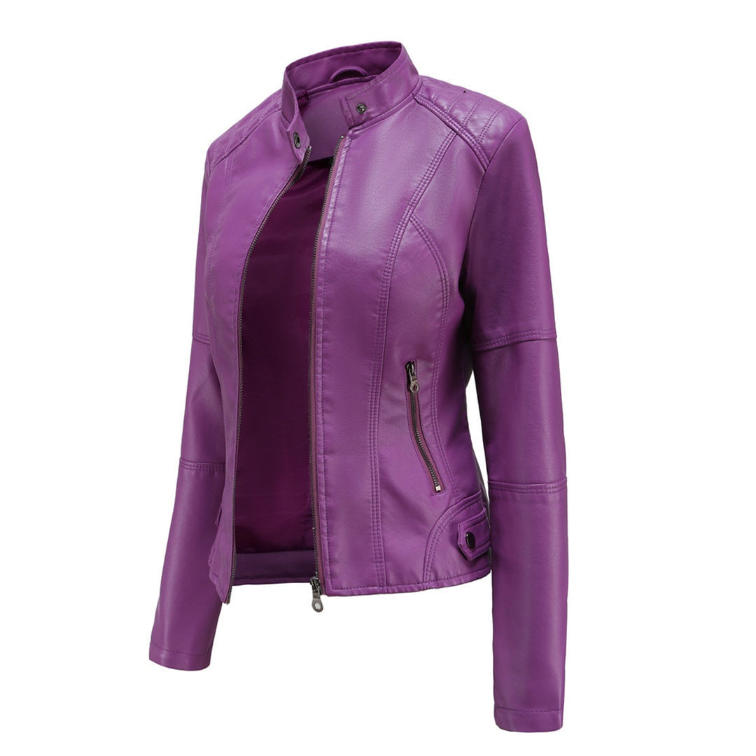 Adriana™ | Chaqueta motera efecto piel con cuello mao y cremallera