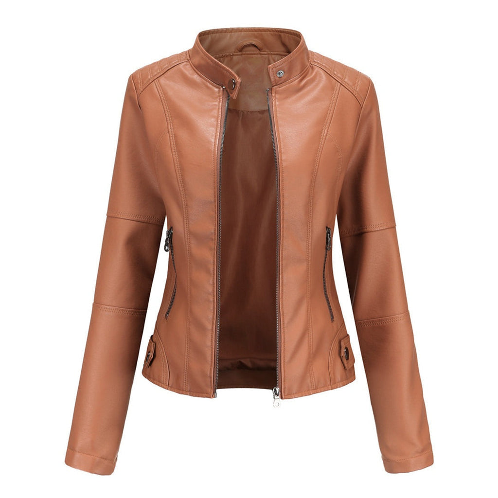 Adriana™ | Chaqueta motera efecto piel con cuello mao y cremallera