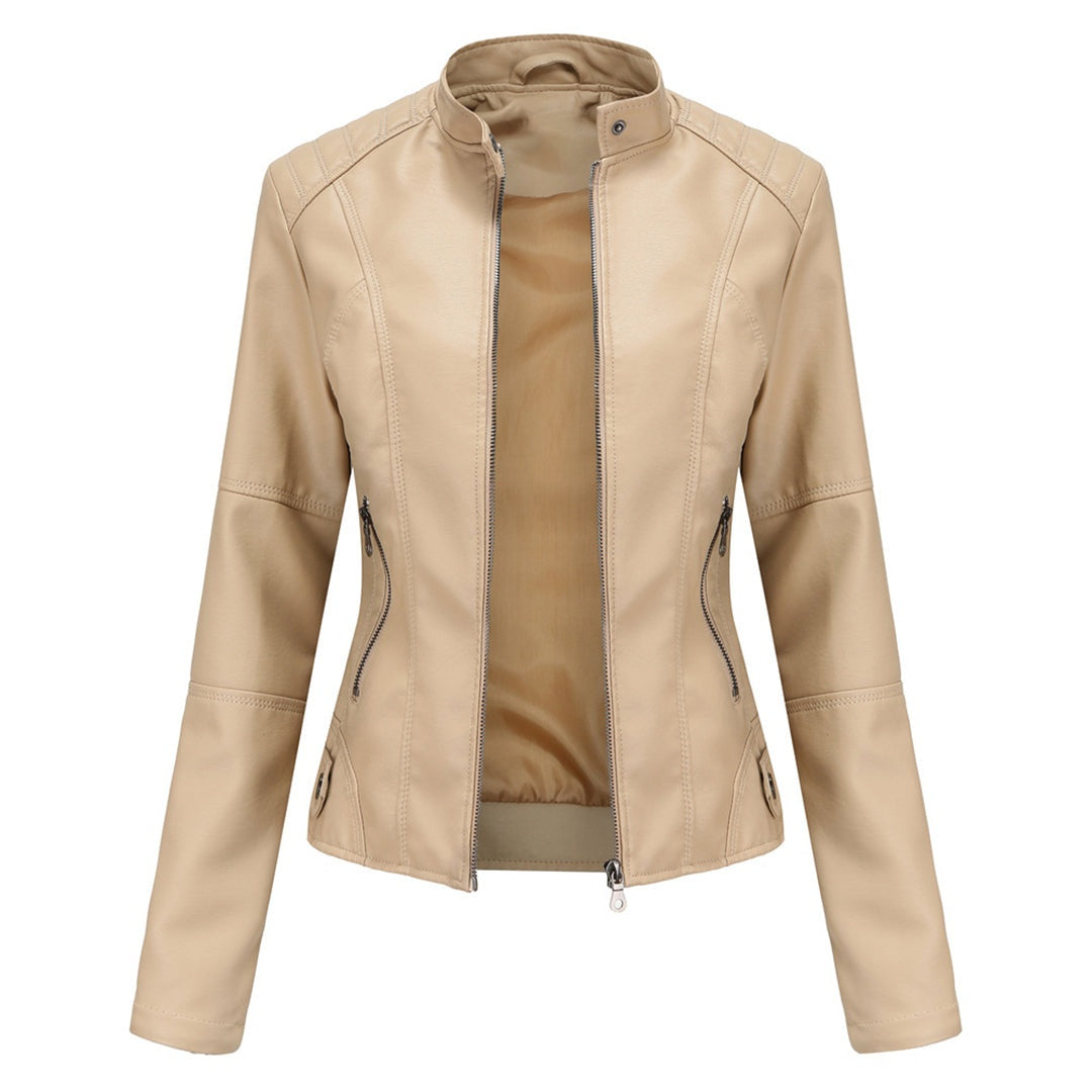 Adriana™ | Chaqueta motera efecto piel con cuello mao y cremallera