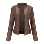 Adriana™ | Chaqueta motera efecto piel con cuello mao y cremallera