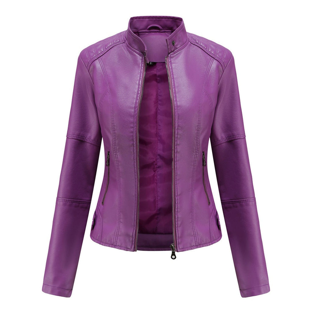 Adriana™ | Chaqueta motera efecto piel con cuello mao y cremallera
