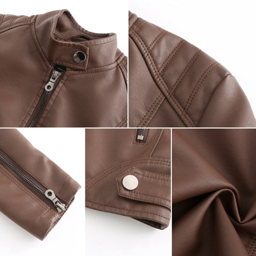 Adriana™ | Chaqueta motera efecto piel con cuello mao y cremallera