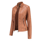 Adriana™ | Chaqueta motera efecto piel con cuello mao y cremallera